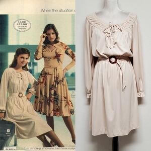 VINTAGE 70s Montgomery Ward Volup Cream Tie-up Belted Long Sleeve Stretchy Dress